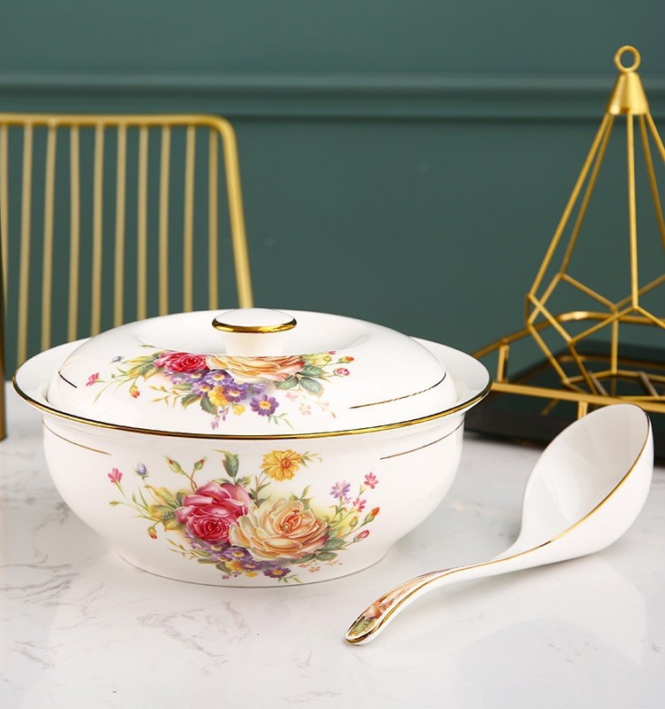 9英寸带盖汤碗家用骨瓷餐具中式描金边大号陶瓷汤碗大面碗汤煲碗