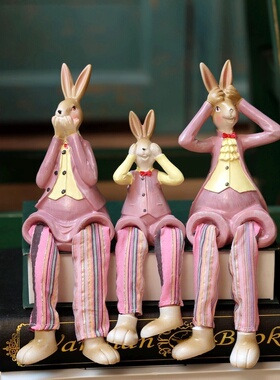 田园兔子一家三口不看不听不说寓意家居隔板送礼民宿餐厅装饰摆件