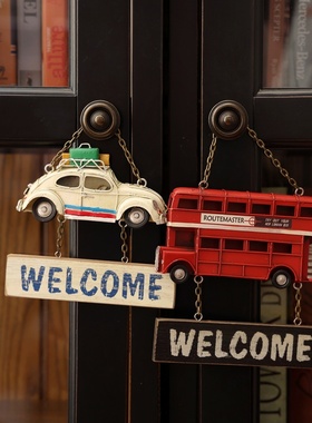 英伦红色巴士小汽车挂墙壁装饰乡村复古风welcome室内西餐厅挂件