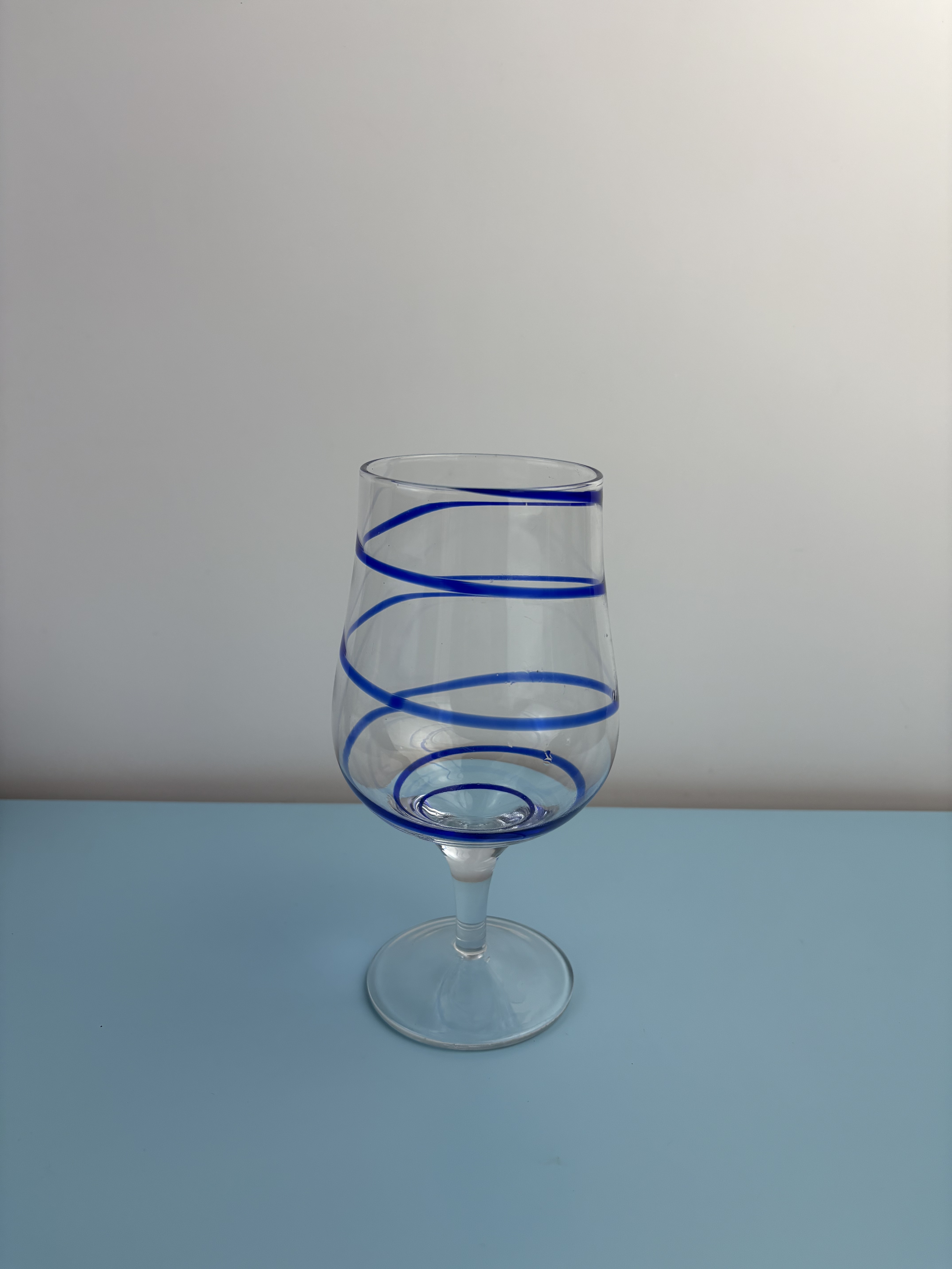 中古vintage蓝色缠丝手作吹制玻璃杯厚实感蓝色缠丝高脚杯