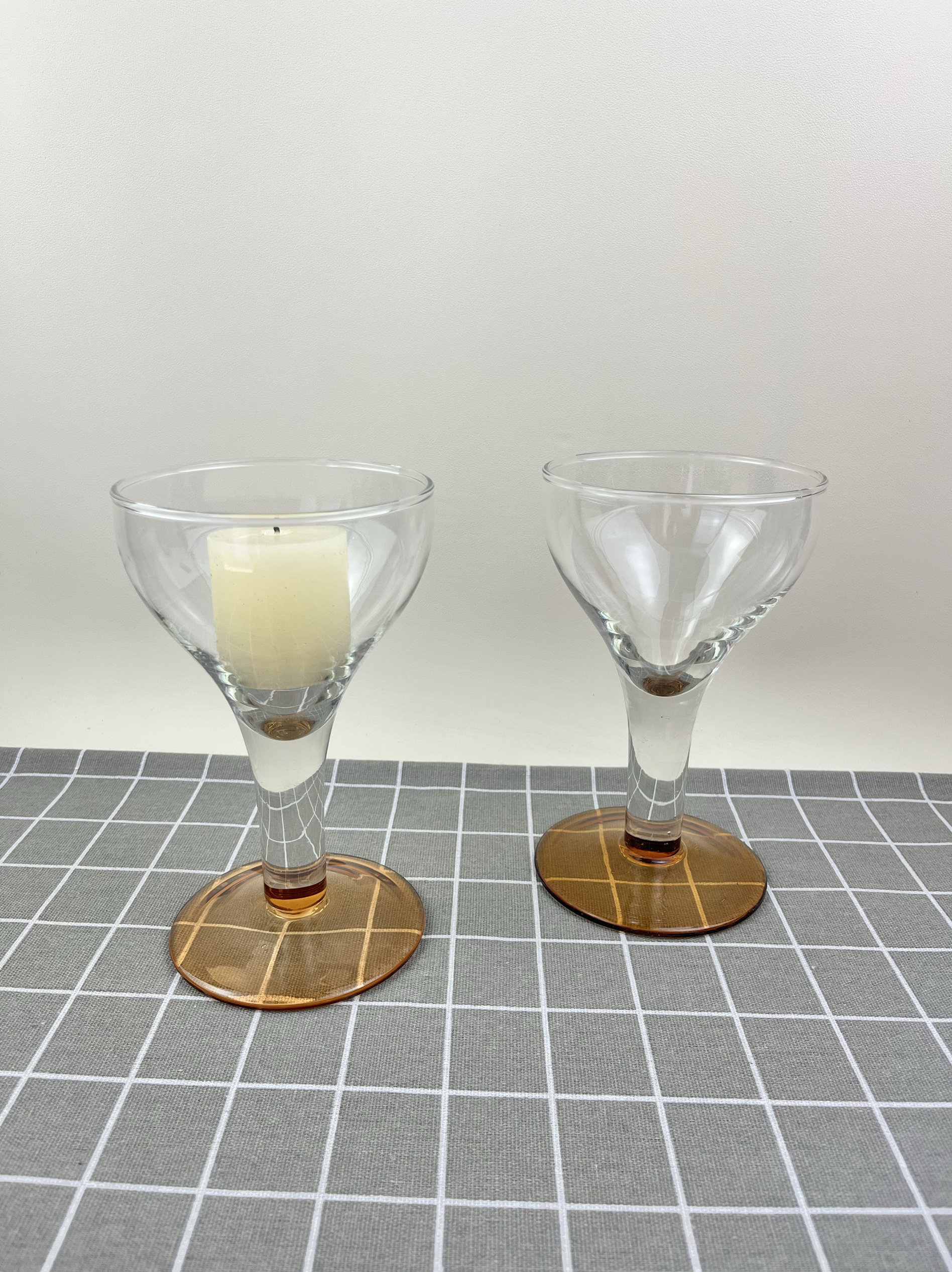中古vintage重工琥珀色拼色高脚杯冷饮杯蜡烛杯风灯琥珀色杯子