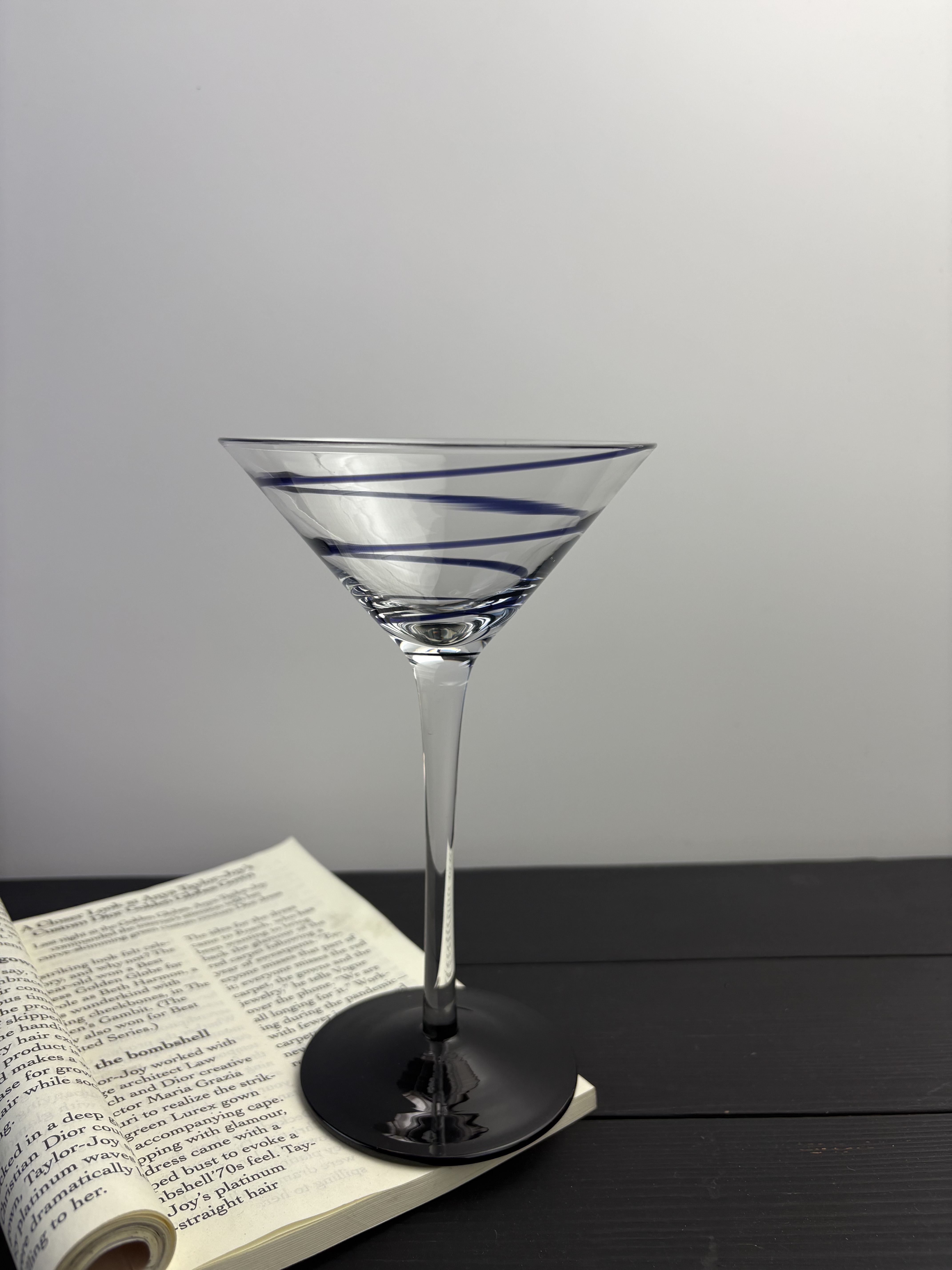 中古vintage手作蓝色缠丝鸡尾酒高脚杯黑色原色底座高脚杯