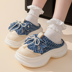 高颜值棉拖鞋女家居韩版时尚蝴蝶结厚底增高拖鞋冬季加绒保暖外穿