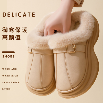 厚底高跟PU皮防水棉拖鞋外穿增高