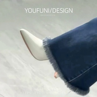 法式米白色高跟短靴女2025秋冬新款方跟尖头不累脚皮靴百搭瘦瘦靴