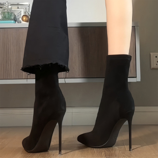 高跟鞋女2025秋冬季新款尖头细跟短靴女加绒性感黑色职业瘦瘦袜靴
