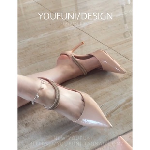 水钻尖头高跟鞋女2026春季新款尖头黑色细跟性感气质包头凉半拖鞋