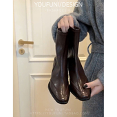 马丁靴粗跟短靴女 方头高跟弹力瘦瘦靴女2026秋冬新款 羊皮版 法式