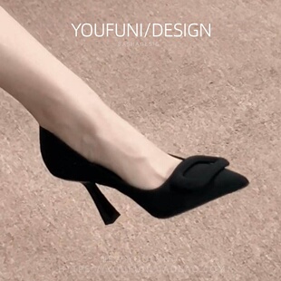 法式尖头黑色方扣高跟鞋女细跟2026新款职业浅口OL风单鞋气质百搭