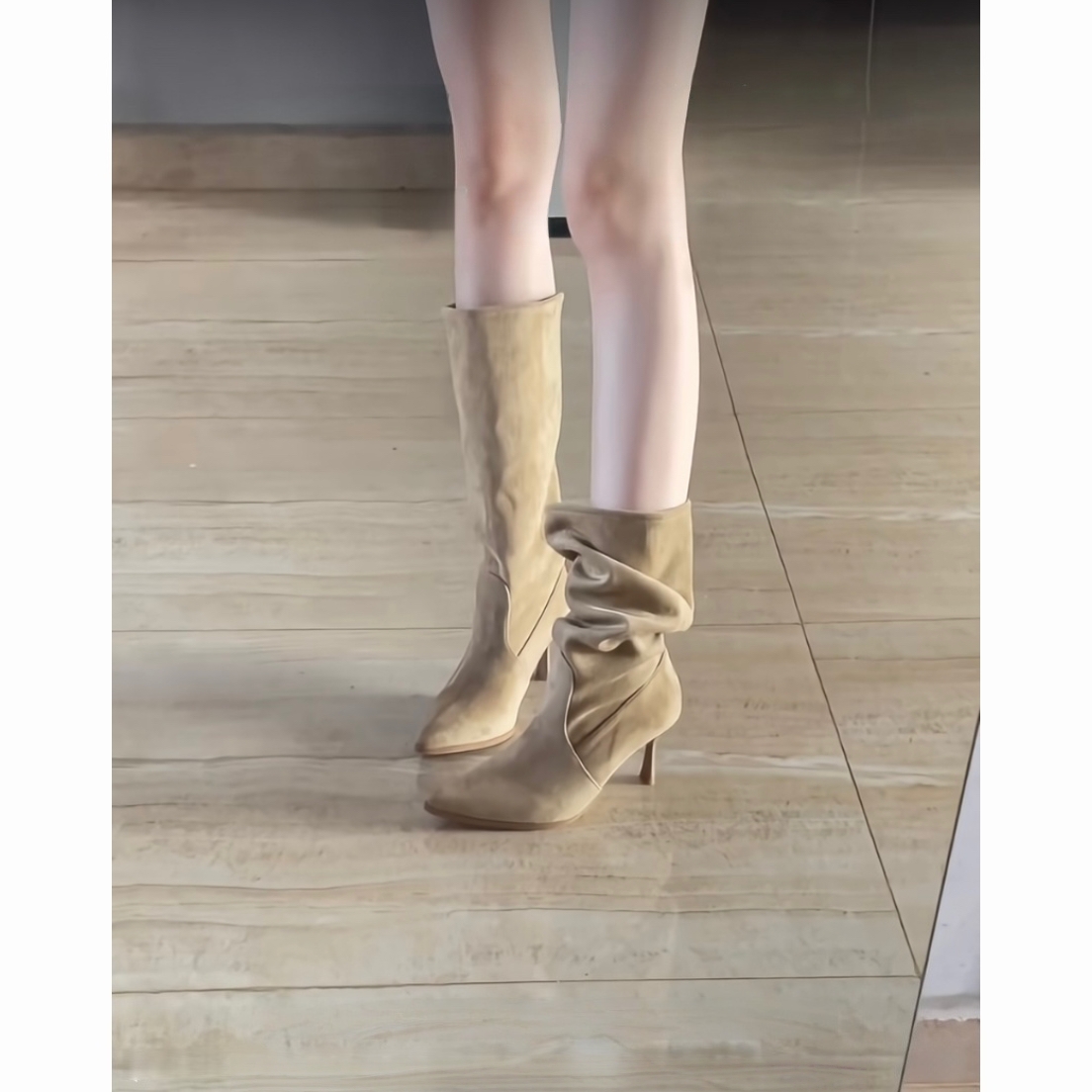 2025秋冬新款尖头短靴女细跟绒面中筒堆堆靴高跟弹力瘦瘦靴马丁靴