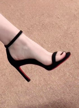 sw黑色一字带凉鞋女款2025新款夏季时尚高级感真皮细跟红底高跟鞋