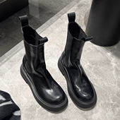 羊皮版 真皮复古厚底英伦风切尔西靴短靴女中筒褶皱烟筒靴马丁靴