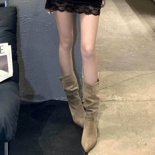 羊皮版~配大衣的高跟鞋子女秋冬款尖头细跟长筒美拉德堆堆中筒靴