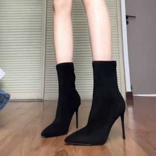 2025秋冬尖头细跟性感短靴女黑色绒面高跟袜靴裸靴网红弹力瘦瘦靴