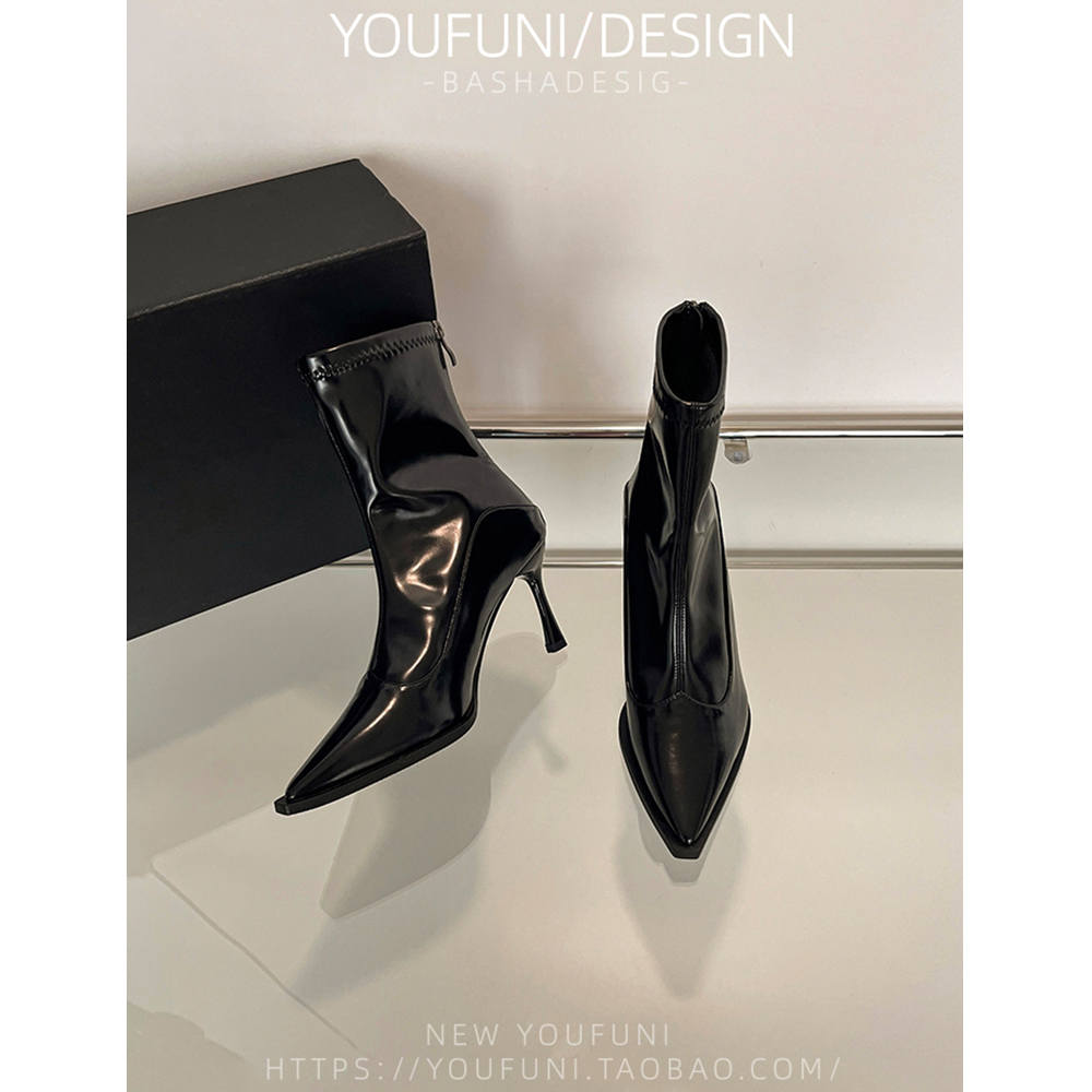 秋冬新款尖头高跟瘦瘦靴女法式细跟复古后拉链软皮短靴弹力时装靴