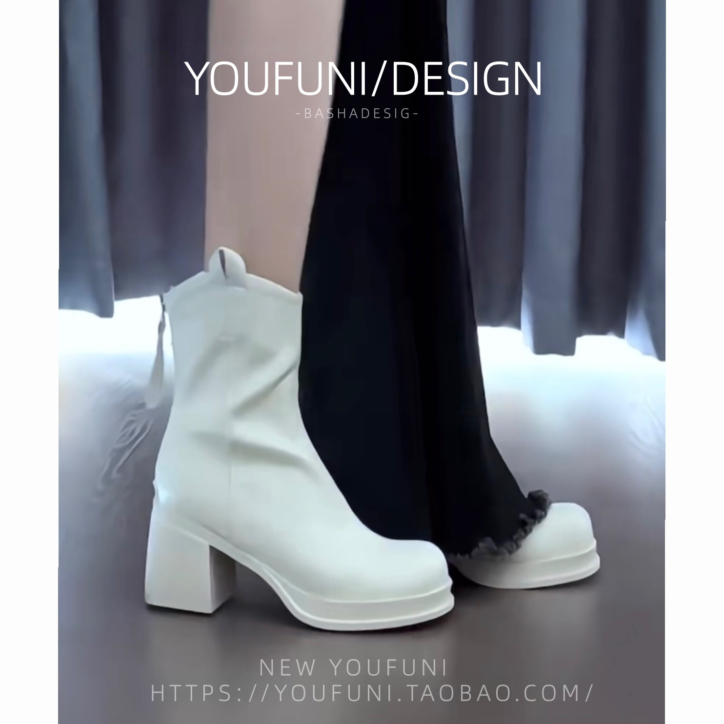 真皮白色防水台短靴女粗跟秋冬女靴小个子厚底高跟靴子软底马丁靴