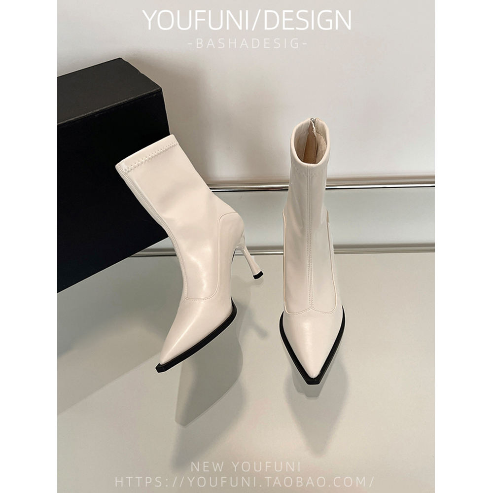 尖头高跟短靴女细跟拉链白色靴子气质秋冬皮靴百搭2025新款瘦瘦靴