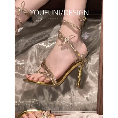 RC新款露趾蛇形缠绕水钻蝴蝶一字带中空凉鞋仙女风细跟高跟鞋婚鞋