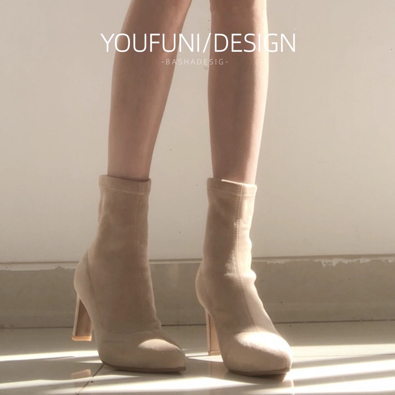 裸色尖头短靴女高跟秋冬新款2025年法式小踝靴加绒粗跟弹力瘦瘦靴