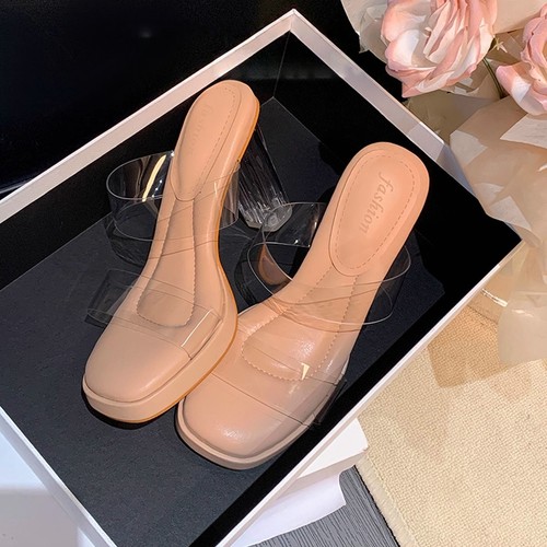 羊皮~踩屎感~防水台透明高跟鞋女