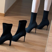 黑色尖头绒面细跟瘦瘦靴子女秋冬新款 加绒高跟短靴女粗跟弹力袜靴