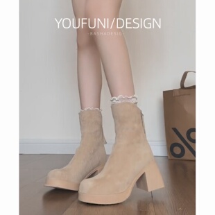 圆头杏色高跟短靴女秋季厚底马丁靴粗跟弹力靴防水台小踝靴瘦瘦靴