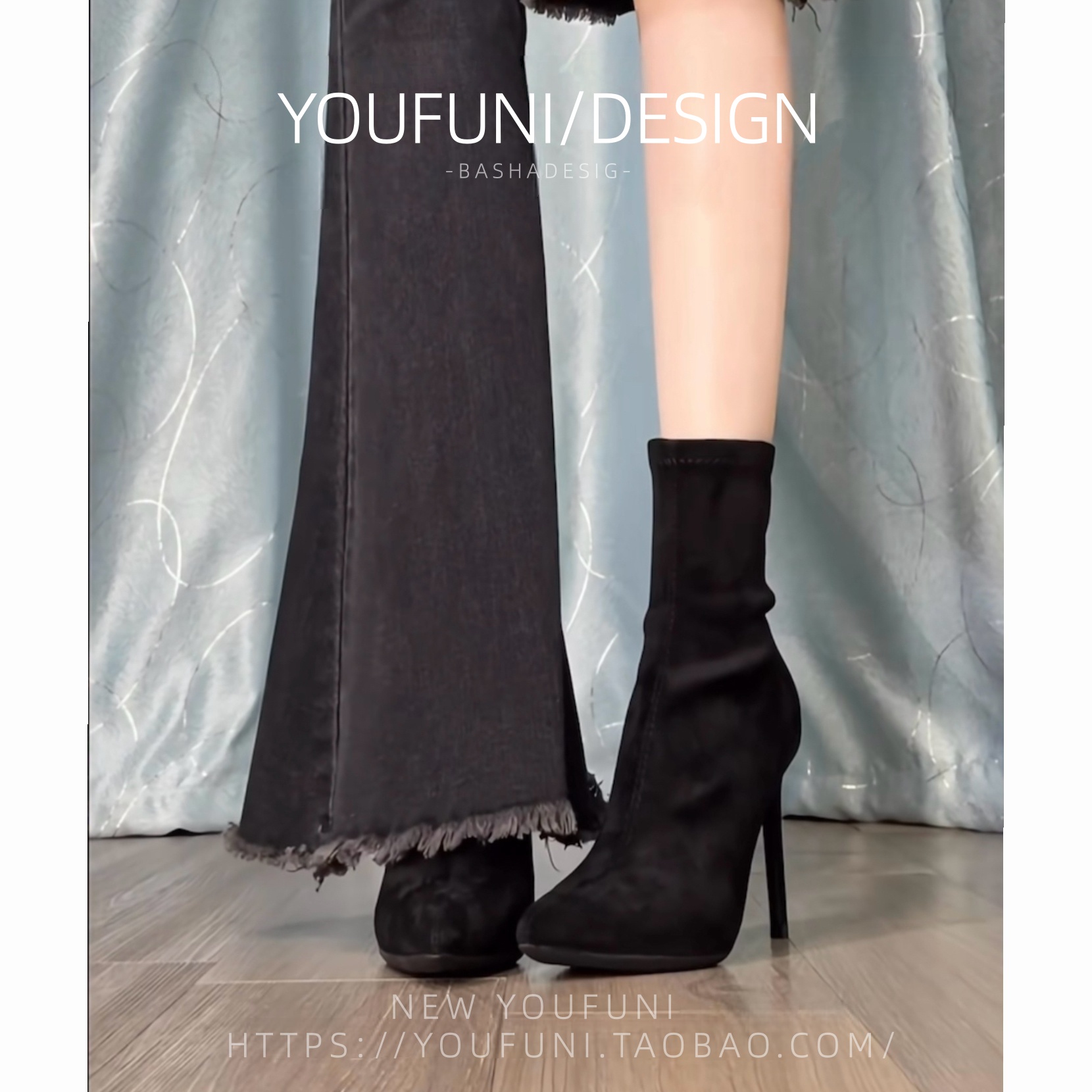 羊皮版~ 秋冬黑色尖头高跟鞋女细跟气质防水台增高瘦瘦弹力短靴女