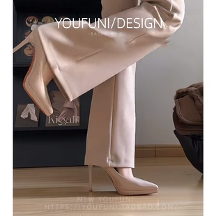 细跟设计感小众气质职业通勤不累脚单鞋 裸色防水台法式 尖头高跟鞋