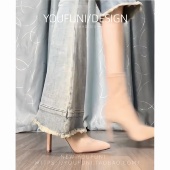 秋冬季 不累脚 裸色尖头弹力瘦瘦靴绒面靴子粗跟袜靴短靴女高跟鞋