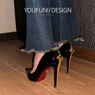 新款利剑高跟鞋金属权杖气质黑色尖头细跟利刃性感绝美红底单鞋女