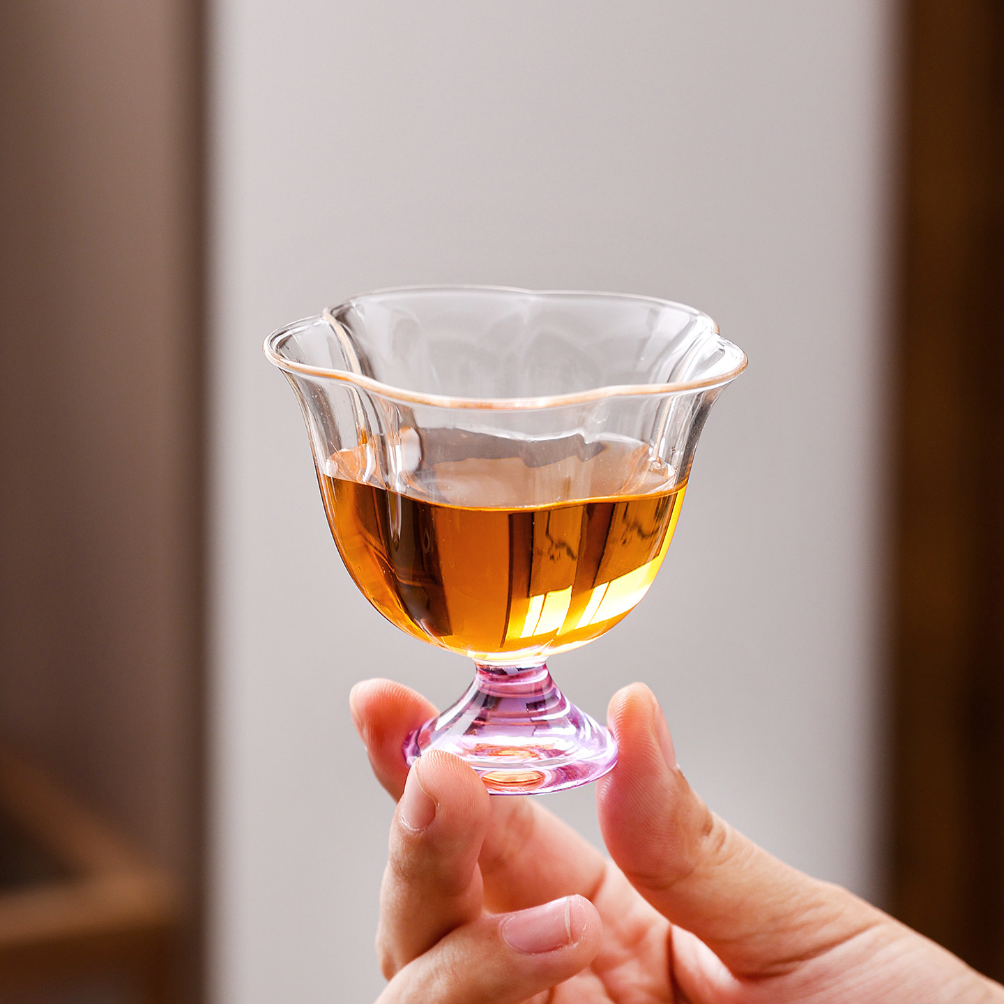 高硼硅玻璃主人杯女士个人专用喝茶杯透明高脚杯梅花杯品茗杯高档图片