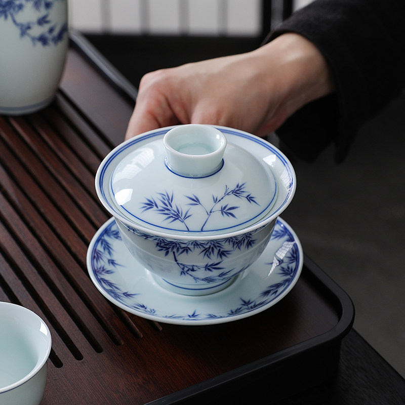 青花瓷覆古三才盖碗茶杯单个茶碗带盖子子功夫茶具泡茶盖碗陶瓷家图片