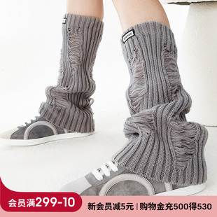 上森纯色破洞腿套堆堆袜秋冬羊毛袜套护腿中筒袜女袜套乐福鞋 Y2K