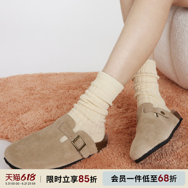 上森袜子女中筒袜春秋款粗线针织毛线袜勃肯鞋复古长袜白色堆堆袜