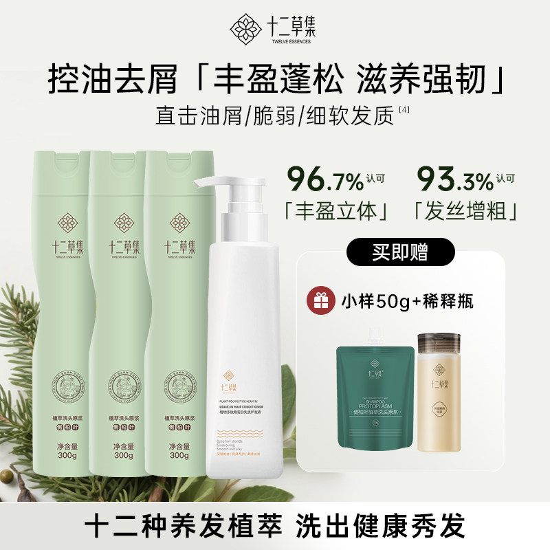 十二草集侧柏叶植物萃取洗发露控油去屑蓬松丰盈洗发水洗护套装