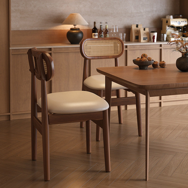 复古实木餐椅家用小户型轻奢中古藤编靠背椅子新款餐厅高级餐桌椅办公耗材