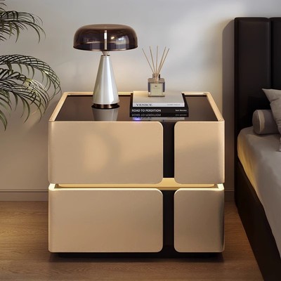 黑色床头柜带灯2025新款轻奢高级感家用卧室设计感小众实木床边柜翻翻.礼盒.垫办公耗材摆件饰品