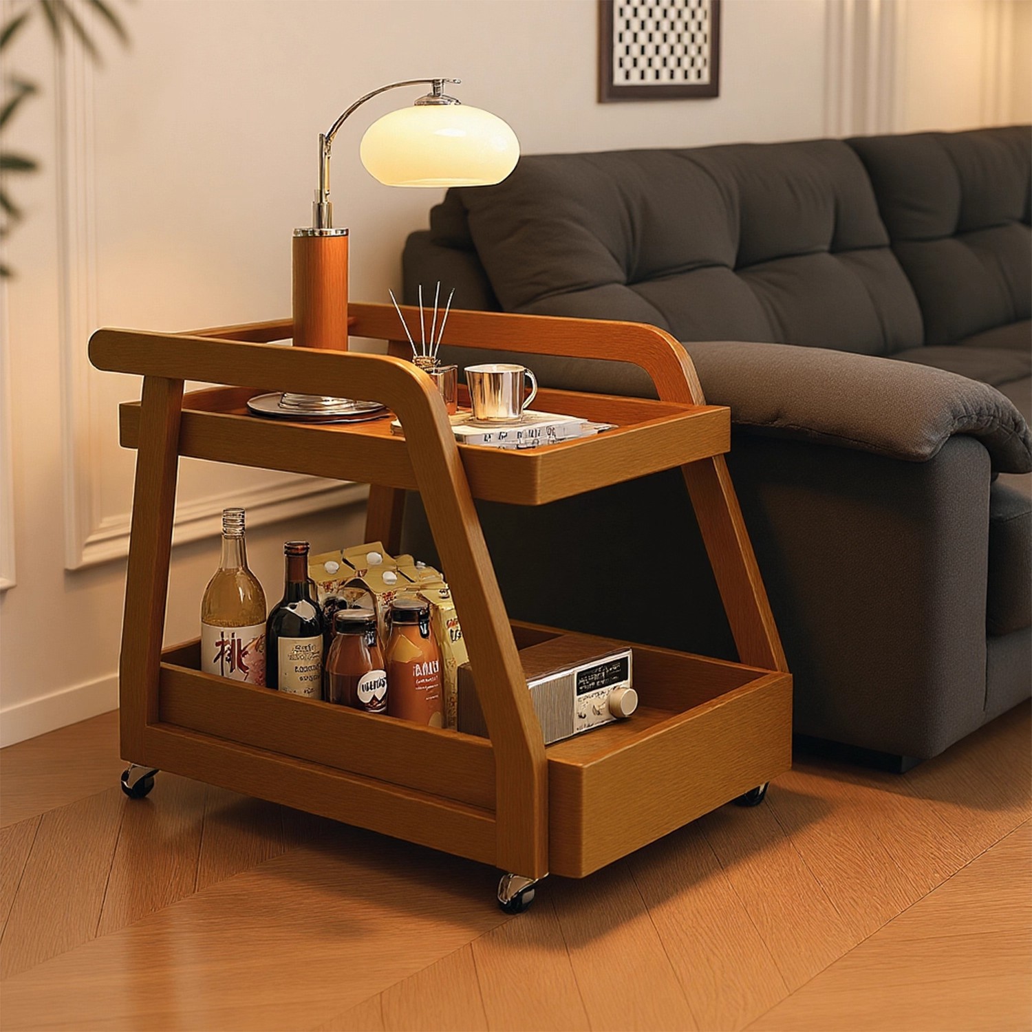 实木可移动中古风沙发边几