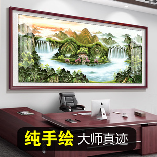 饰 纯手绘聚宝盆挂画手工真迹办公室背景墙流水生财山水字画客厅装