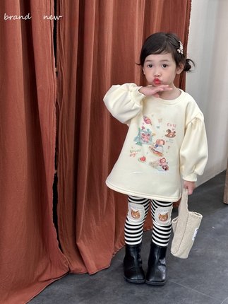 2023新款女童韩版中长款加绒卫衣 黑色条纹一体绒打底裤套装
