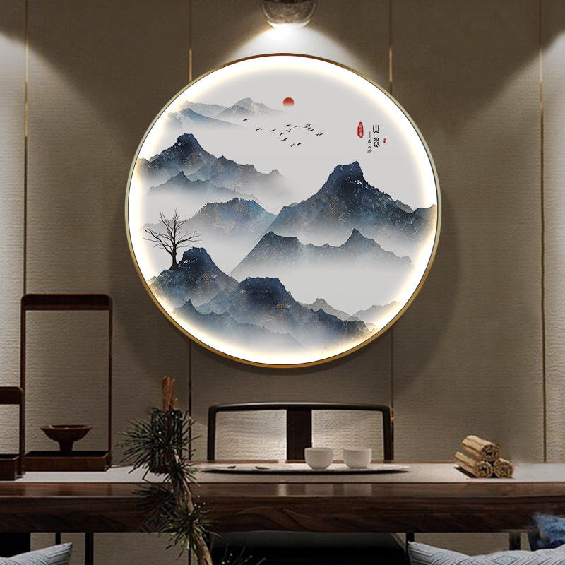 新中式圆形装饰画客厅沙发背景墙高档大气山水灯画玄关画楼梯挂画图片