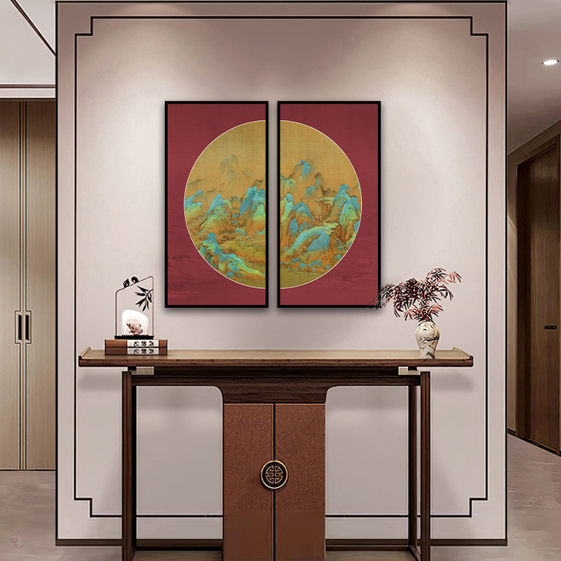 千里江山图玄关画山水国画中式复古红色餐厅装饰画组合正方形壁画