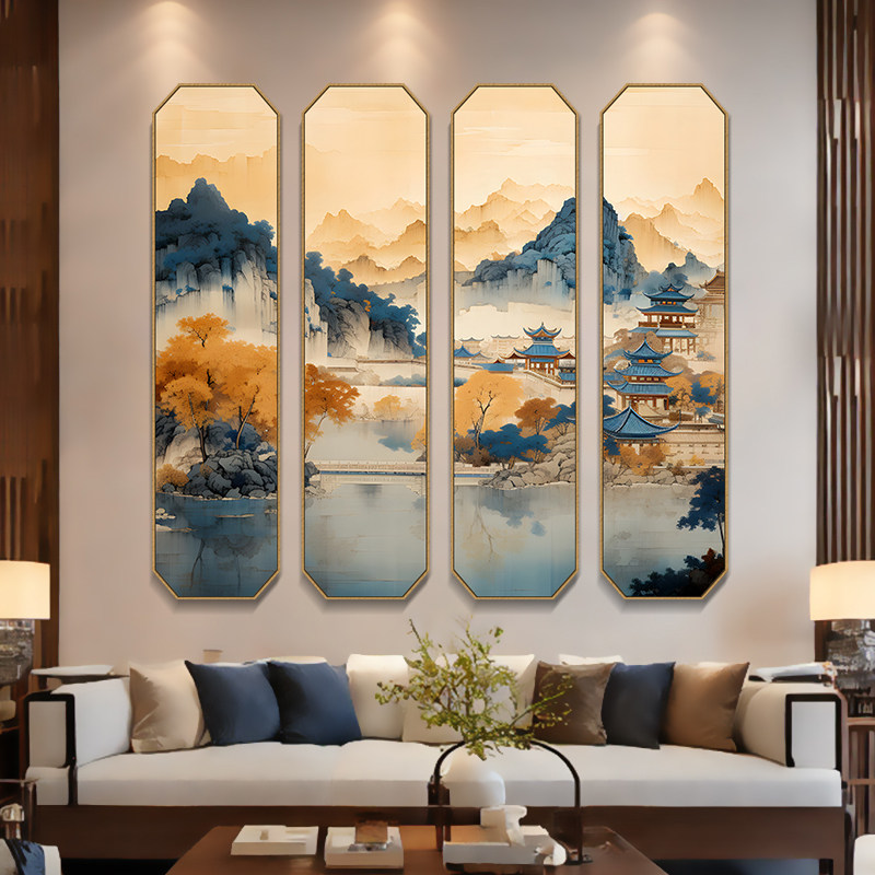 新中式山水风景四联画沙发背景墙画古风建筑八边形茶室布置挂画竖