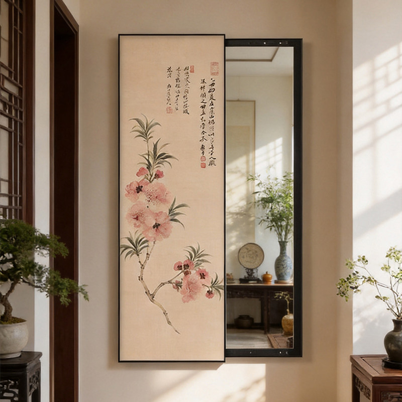 中古风花卉隐藏式推拉全身镜壁挂