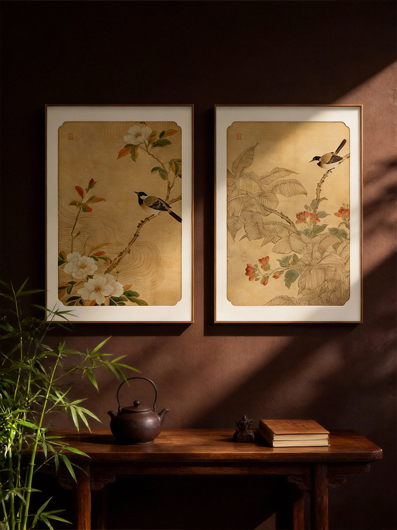 中古风客厅墙壁装饰画花鸟画宋氏美学入户玄关挂画书房墙面壁画竖