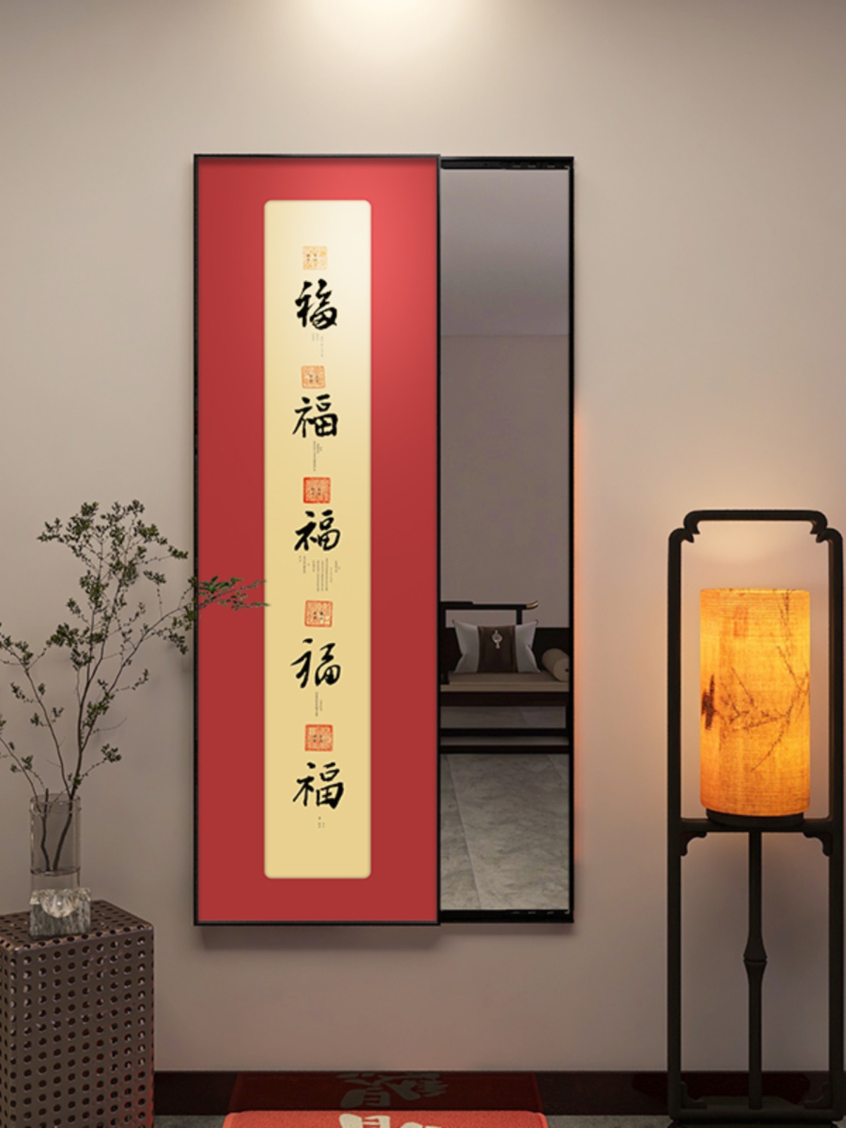 五福临门入户门全身镜挂壁式红色福字玄关装饰画暗藏穿衣镜可关闭