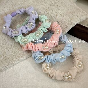 韩版 简约奶油色珍珠小肠发圈钉珠发绳甜美小清新头绳学生少女皮筋