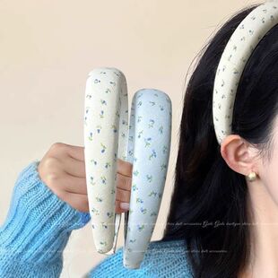高颅顶宽边发卡森系少女压发捆头箍 韩系温柔蓝色碎花海绵发箍女款