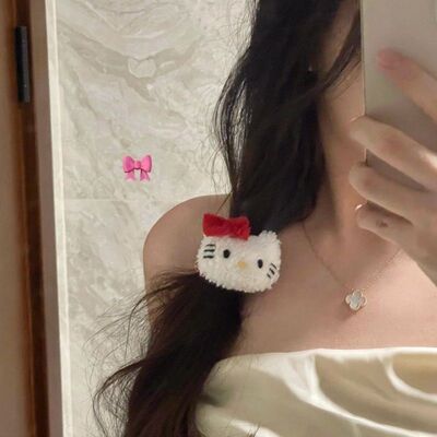 红白卡通kitty头绳可爱甜美女孩复古格纹卡哇伊双马尾发圈发饰