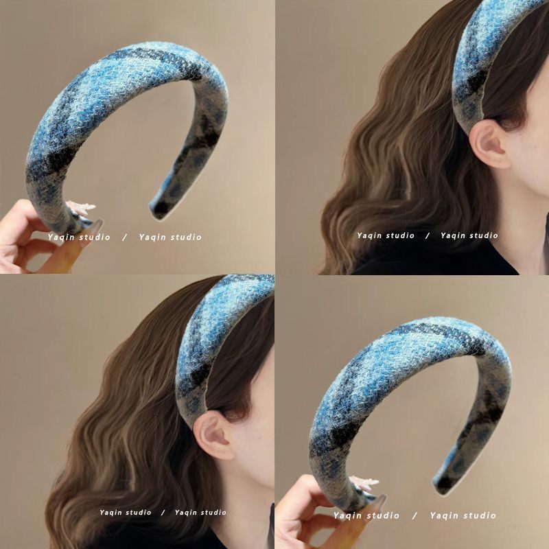蓝色格纹~秋冬格纹毛线编织高颅顶高级宽边发箍女百搭头饰头箍女